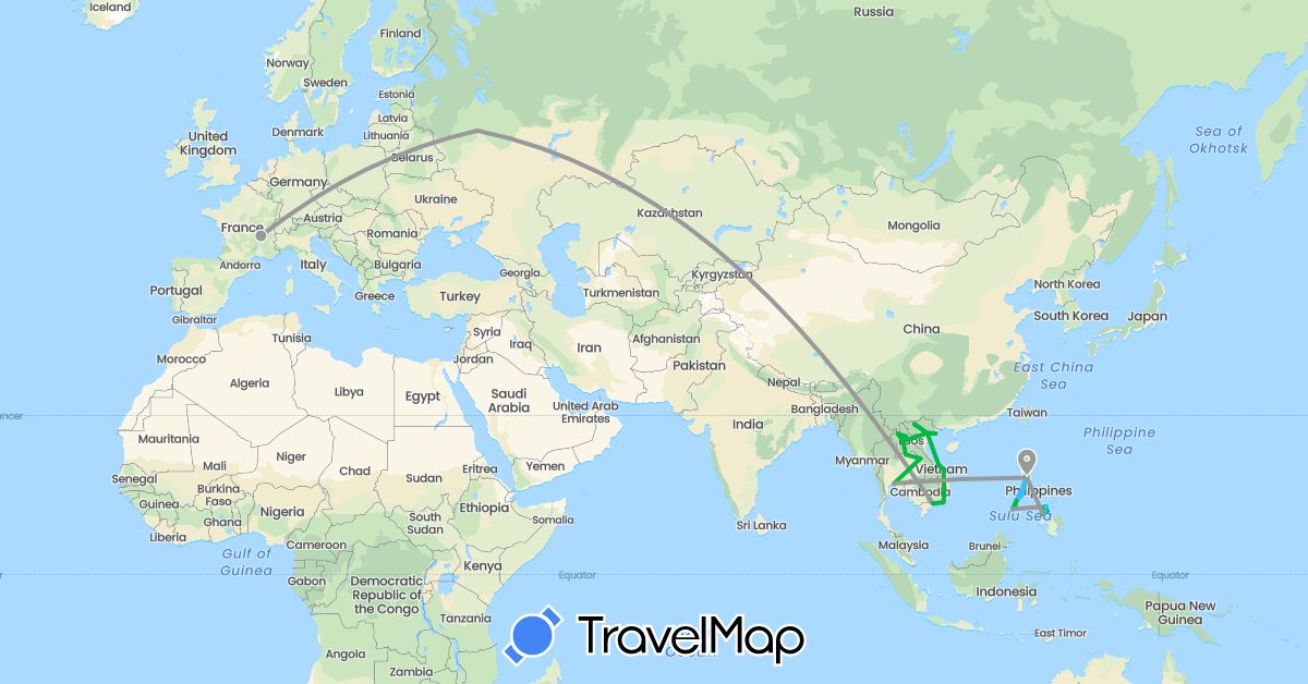 TravelMap itinerary: driving, bus, plane, boat in France, Laos, Philippines, Russia, Thailand, Vietnam (Asia, Europe)